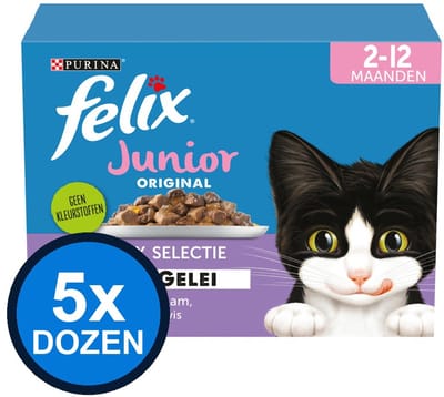 5x Felix - Original Junior Mix Selectie in Gelei - Kattenvoer Natvoer - doos 12x85g