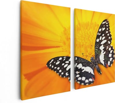 Artaza Canvas Schilderij Tweeluik Vlinder Op Een Oranje Bloem - 80x60 - Foto Op Canvas - Canvas Print