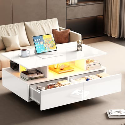 STILVORA Salontafels - Moderne Salontafel Met LED En Opberglades - Hoogglans Ontwerp - 90x55x41 cm - Hout - Wit