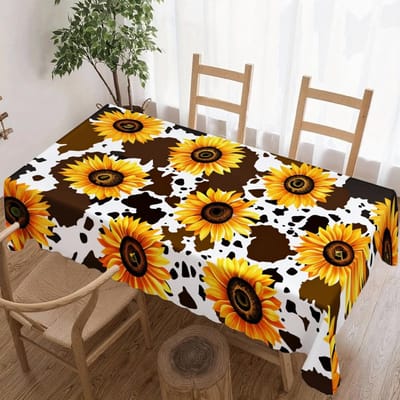 Zonnebloem Koeienprint Rechthoekige Tafelkleed voor Tafeldecoratie Keuken Eetkamer Waterdicht Herbruikbaar Tafelkleed voor Tafels Buiten Terras 100x160cm
