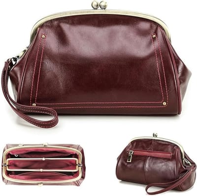 Dailygoods - Contacts Kiss Lock Clutch Womens Lederen Tas Kus Sluiting Pols Portemonnee Vitange Handtas Avond