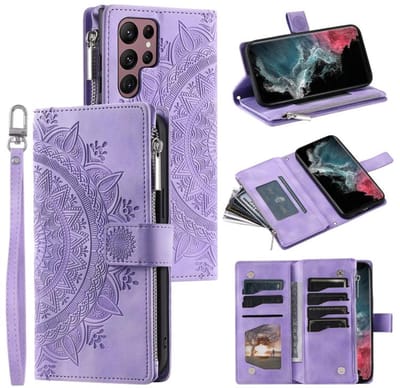 Telefoonhoesje geschikt voor Samsung Galaxy S26 Ultra 5G - Portemonnee met rits - book-case hoesje - ruimte voor 8 pasjes - mandala paars