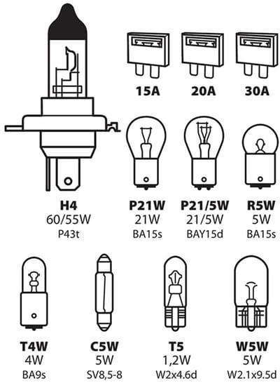 H4 Halogeen reservelampenset 12V - 11 stuks