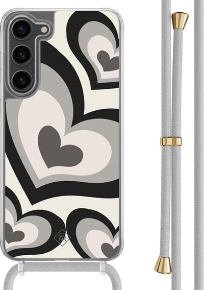 Casimoda® hoesje met grijs koord - Geschikt voor Samsung S23 Plus - Hart Swirl Zwart - Afneembaar koord - TPU/polycarbonaat - Zwart