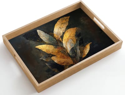 Dienblad hout 50x35 cm - Schootdienblad - Gouden Bladcompositie – Botanische Luxe - Borrelplank rechthoek - Plateau dienbladen