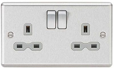 Afgeronde rand 13A 2G DP socket met grijze inzetstuk - Zilver