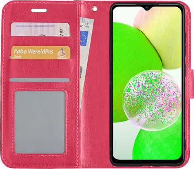 Hoesje Met Pasjeshouder - Geschikt voor Samsung Galaxy A14 - Luxe Bookcase Portemonee - Flip Case - Kunstleer Book Case - Flipcase - Book Cover - Walletcase - Portemonneehoes - Donkerroze