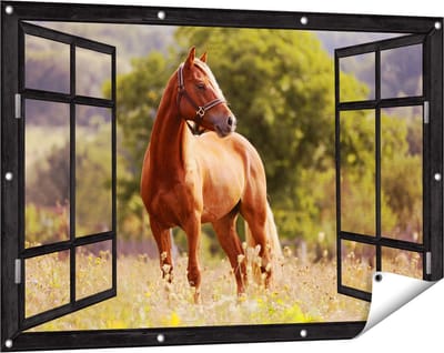 Gards Tuinposter Doorkijk Bruin Paard in de Wei - 120x80 cm - Tuindoek - Tuindecoratie - Wanddecoratie buiten - Tuinschilderij