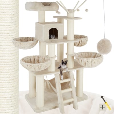 tectake® Kattenboom XXL - Grote Krabpaal, 195 cm - Plafondhoge krabpaal - Klimboom met ligmanden, hangmatjes, trap en huisjes - Stabiel met sisal bekleed - Speelboom voor katten - beige / wit