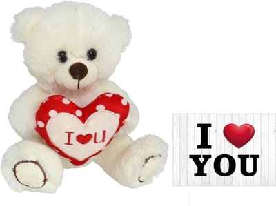 Pluche knuffelbeer met I Love hartje - wit/rood - 30 cm - inc. wenskaart