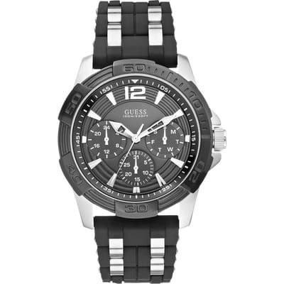 GUESS Heren Quartz Horloge met Tweekleurige Band, Drie Wijzerplaten, Datum-, Week- en Uurweergave W0366G1 zwart