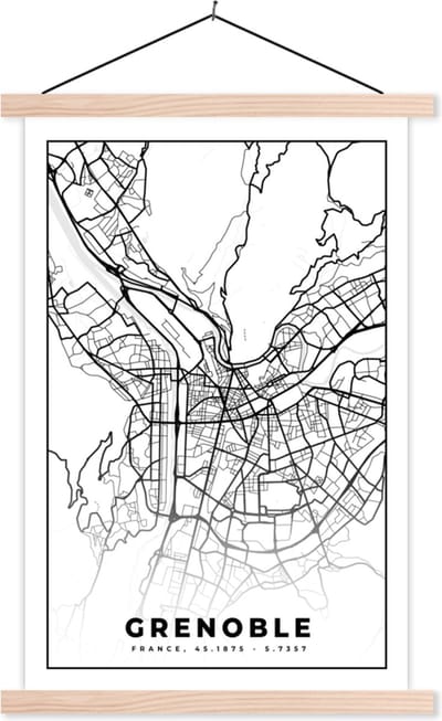 Posterhanger incl. Poster 40x60 cm - Schoolplaat - Stadskaart - Plattegrond - Grenoble - Kaart - Frankrijk - Zwart wit - Textielposter - Blanke latten - Stadskaart