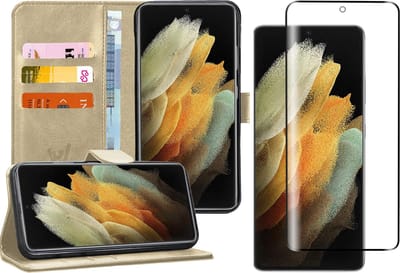 Hoesje geschikt voor Samsung Galaxy S21 Ultra - Screen Protector FlexGuard - Book Case Kunstleer Pasjeshouder Goud & Screenprotector