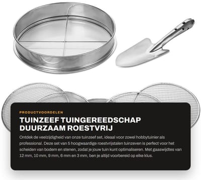 Dailygoods- Tuinzeef Roestvrij Staal Duurzaam - 5 Tuinzeven - Gaaswijdte 3/6/9/10/12 mm - Tuingereedschap - Inclusief Schop - Afneembaar Gaas - Zeef