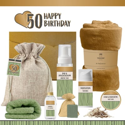 Geschenkset “50 Happy Birthday” - 8 producten - 1140 gram - Triomf Cosmetica | Luxe wellness Cadeaubox voor haar Giftset Verjaardag Vijftig jaar Cadeau Pakket Gefeliciteerd Verjaardagscadeau Vrouw Sarah Gift Set Party Fifty Years Hartje Goud Groen