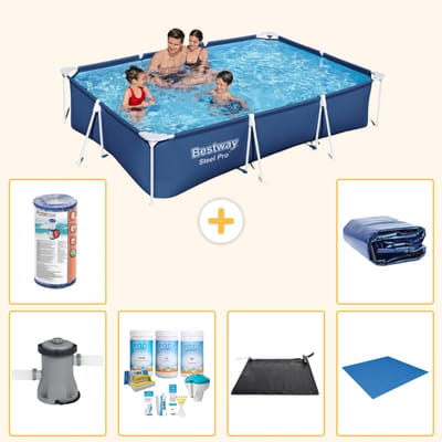 Bestway Rechthoekig Steel Pro Zwembad - 300 x 201 x 66 cm - Blauw - Inclusief Pomp - Onderhoudspakket - Solar Mat - Grondzeil - Filter - Solarzeil - 7-delig