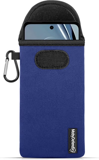 MobyDefend Hoesje - Geschikt voor Motorola Moto G62 - Neopreen Pouch Met Karabijnhaak - Insteek - Riemlus - Blauw