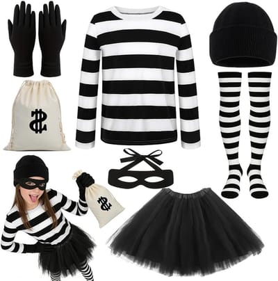 Vrouwelijk 7-delig Diefkostuum met Gestreept T-shirt, Tutu Rok, Panty's, Masker, Handschoenen, Hoed en Geldzak voor Carnaval en Cosplay Feestjes