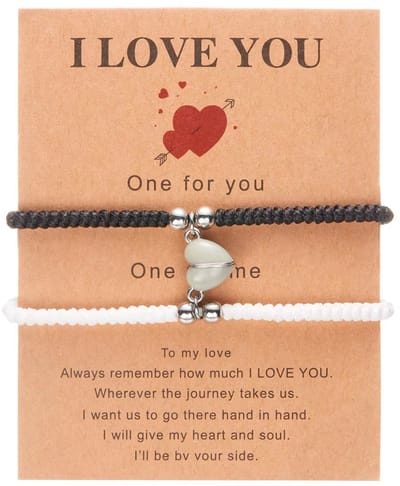 2-delige Magnetische Koppelarmband Set – Gevlochten Geluk Armbanden met Hart | Voor Koppels, Vrienden & Liefde (Dames & Heren)- Zwart en Wit