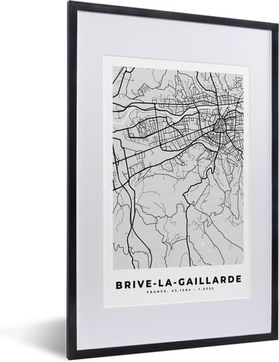 Fotolijst incl. Poster - Frankrijk – Plattegrond – Kaart – Brive-la-Gaillarde – Stadskaart - 40x60 cm - Posterlijst