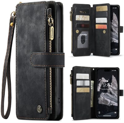 CaseMe – Telefoonhoesje geschikt voor Apple iPhone 15 Pro Max – Wallet Rits Book Case – Magnetische Sluiting & Portemonnee – PU Leer – Zwart