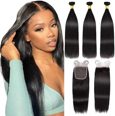 NTHProducts - Hair Bundles With Closure - 100% Onverwerkt Braziliaans Menselijk Haar - 3 Bundels Met 10x10cm Kant Sluiting - 46 46 50+35cm
