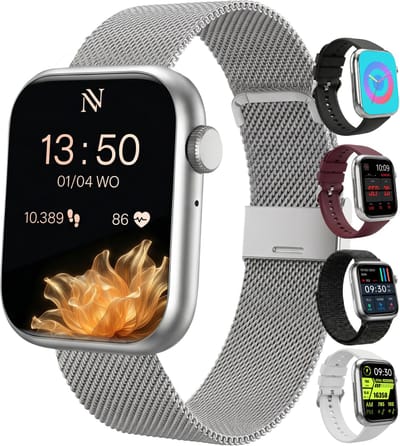 Nuvance Smartwatch Dames - Smartwatch Heren - Stappenteller Horloge Dames - Hartslagmeter - Sporthorloge - Geschikt voor iOS/Android - Incl. 5 Bandjes - Zilver