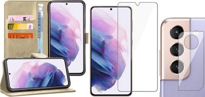 Hoesje geschikt voor Samsung Galaxy S21 FE - Book Case Kunstleer Wallet Cover Portemonnee Pasjeshouder Hoes Goud - Tempered Glass Screenprotector - Camera Lens Protector