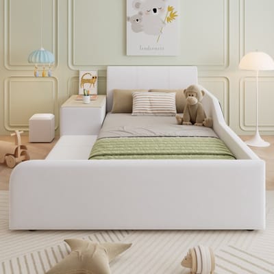 Gestoffeerd bed 90x200 cm - eenpersoonsbed met kinderbureau en kruk - met opbergplank - kinderbed - wit - zonder matras