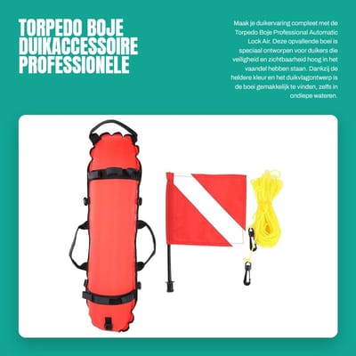 Dailygoods- Torpedo Boje Professioneel - Opblaasbaar Nylon/TPU - Automatische Luchtvergrendeling - 20m Touw - 5 D-ringen - Opvallende Duikvlag - Duikboei