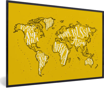 Poster in lijst - Fotolijst 120x80 cm - Posters - Wereldkaart - Geel - Wit - Simpel - Posterlijst zwart - Decoratie - Wanddecoratie woonkamer - Muurdecoratie slaapkamer