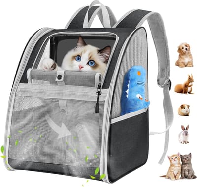 Draagbare Rugzak voor Katten en Honden met Ademend Gaas, Geschikt voor Wandelen en Reizen, Versterkt Stalen Frame, Zwart (tot 10 kg)