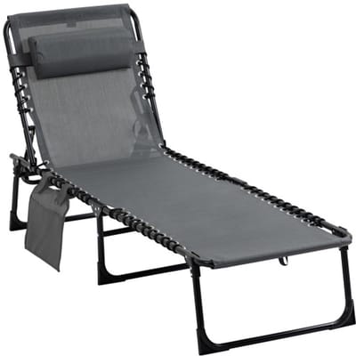 Opvouwbare ligstoel met kussen, zijvak, ligstoel met 5-voudig verstelbare rugleuning, weerbestendige kampeerligstoel, draagvermogen tot 120 kg, voor tuin, strand, zwembad, grijs