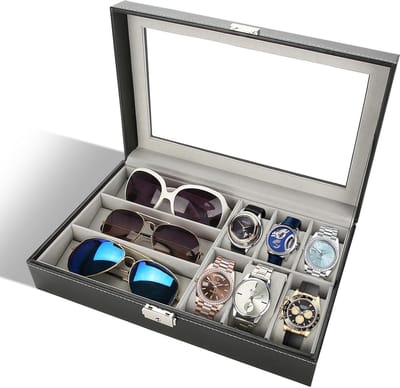 Glasses Holder Display Case Storage Box Organiser with 3 Grids - 6-Cell Watch