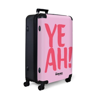 NoBoringSuitcases.com® - Koffer groot - Reiskoffer lichtgewicht - Paars met roze quote 'yeah' - Rolkoffer met 4 wielen - Grote trolley XL - 98 liter bagage