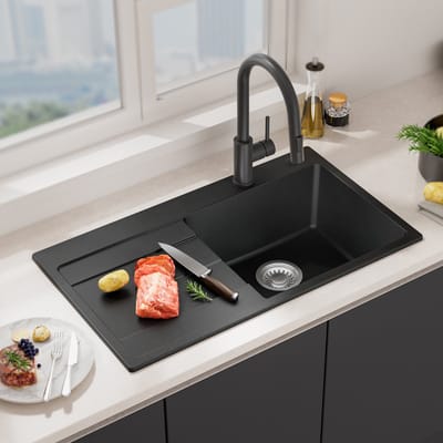 SOFETIY MAX Granieten Spoelbak 78x45CM - Spoelbakken Keuken Zwart - Spoelbak Met Planchet en Afdruiprek - Spoelbakken Incl. Sifon en Afvoerzeefje