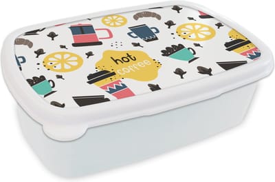 Broodtrommel Wit - Lunchbox - Brooddoos - Patronen - Koffie - Ontbijt - Croissant - 18x12x6 cm - Volwassenen