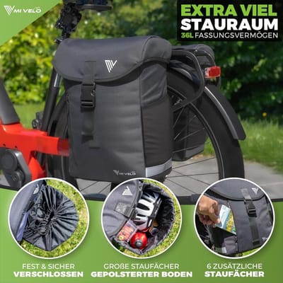 Fietstas van gerecycled materiaal - dubbele tas voor bagagedrager 36 liter - regenbescherming - MIK & Racktime adapter - fietstas dubbel