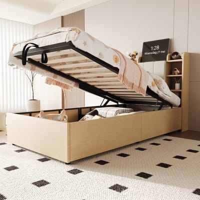 VVBV Houten Eenpersoonsbed met Hydraulische Opbergruimte 90x200 cm - USB-C & Stopcontact - Hout Naturel - Zonder Matras