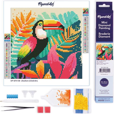 Figured'Art Mini Diamond Painting set Volwassenen 25x25 cm Tropische Toekan - 5D DIY Art full drill ronde diamant - Opgerold canvas