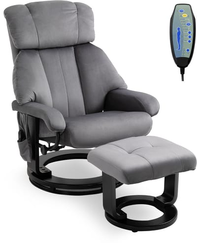 Killogood Relaxfauteuil met voetensteun - draaibare tv-stoel met vibratiemassage en kantelfunctie - zijvak - fluweeltextuur - geschikt voor woonkamers - grijs