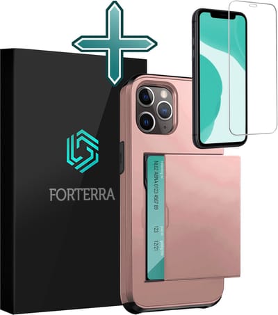 Hoesje Geschikt voor iPhone 11 Pro Pashouder Hard Case Hoes Met Screenprotector - Hoes Geschikt voor iPhone 11 Pro Hoesje Back Cover Met Pasjeshouder - Rosé goud