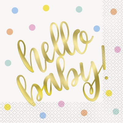 UNIQUE - 16 papieren servetten hello baby wit en goud 33 x 33 cm voor babyshower