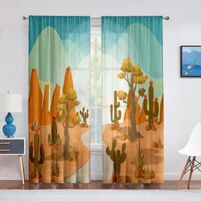 Cartoon Tropische Cactus Natuurlijke Vegetatie Transparante Voile Gordijnen voor Woonkamer Slaapkamer Keuken Chiffon Tule Raamgordijnen 1 PCS W100XH250cm&Grommet Top