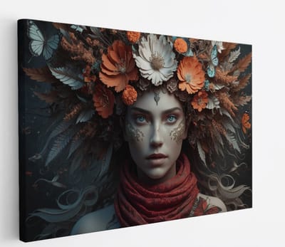 Saammp Canvas Schilderij - Vrouw met oranje bloemen - abstract - 30x20 - Foto op canvas - Wanddecoratie - Muurdecoratie Woonkamer - Slaapkamer decoratie - Canvas Print