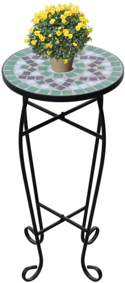 Mozaïek Bijzettafel - Plantentafel Rond - Ø 30 cm - Keramisch Tafelblad - Groen & Wit - Decoratieve Bijzettafel voor Tuin, Balkon & Woonkamer - Hoogte 60 cm