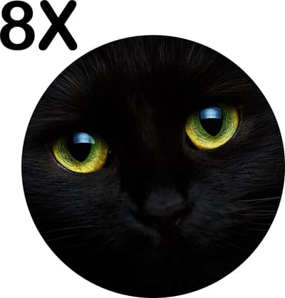 Luxe Ronde Placemat - Zwarte Kat met Heldere Ogen - Set van 8 Placemats - 50x50 cm - 2 mm dik Vinyl - Anti Slip - Afneembaar