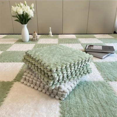6-Tapijttegels - Puzzelvloertegels - Speelmat - Kruipmat - Pluche tapijttegel - Vloermat - Pluche tegels - In elkaar grijpend - Antislip EVA schuim - Slaapkamer - Veilige speelruimte - Vloer - Kinderkamer - 30*30*1cm - Groen - Wit