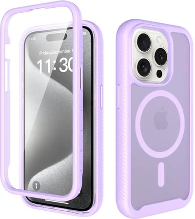 Hoesje met Ingebouwde Screenprotector Geschikt voor Apple iPhone 15 Pro - Compatibel met MagSafe / Qi2 - Full Protect - Schokbestendige Beschermhoes - Case Matte Paars