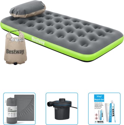 Bestway luchtbed - 1-Persoons - 99 x 188 x 22 cm - Grijs/Groen - Inclusief Hoeslaken - Pomp en Reparatieset